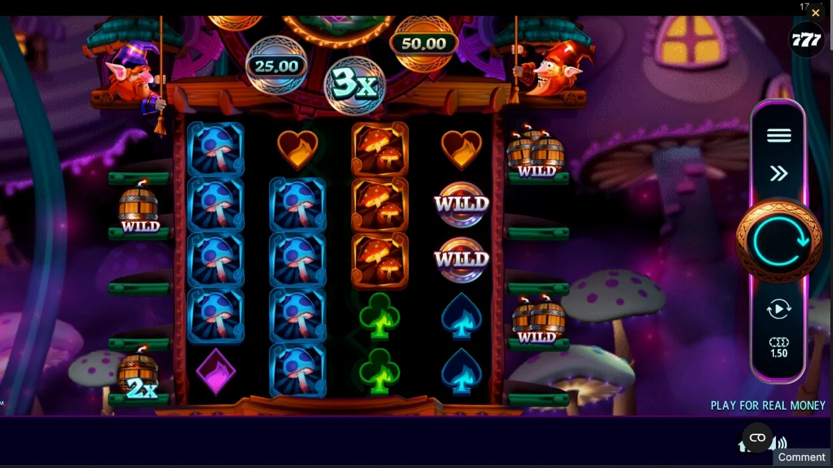 Tampilan visual slot Fire Gnomes 2 Magic Wheel dengan tema jamur dan gnome