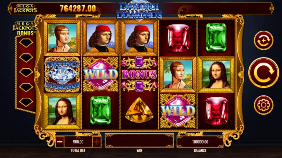 Tampilan visual slot Mega Jackpot DaVinci Diamonds dengan tema seni Renaissance dan permata.