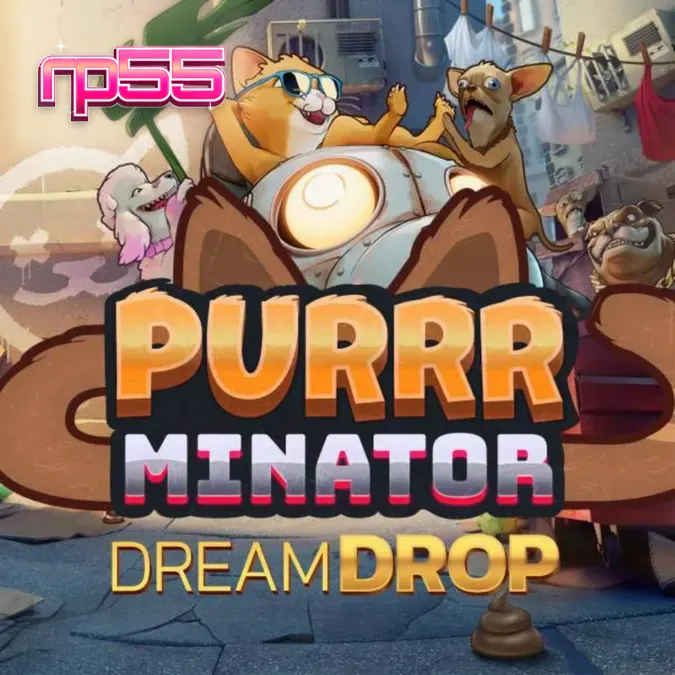 Tampilan visual slot Purrrminator Dream Drop dengan latar belakang kota distopia