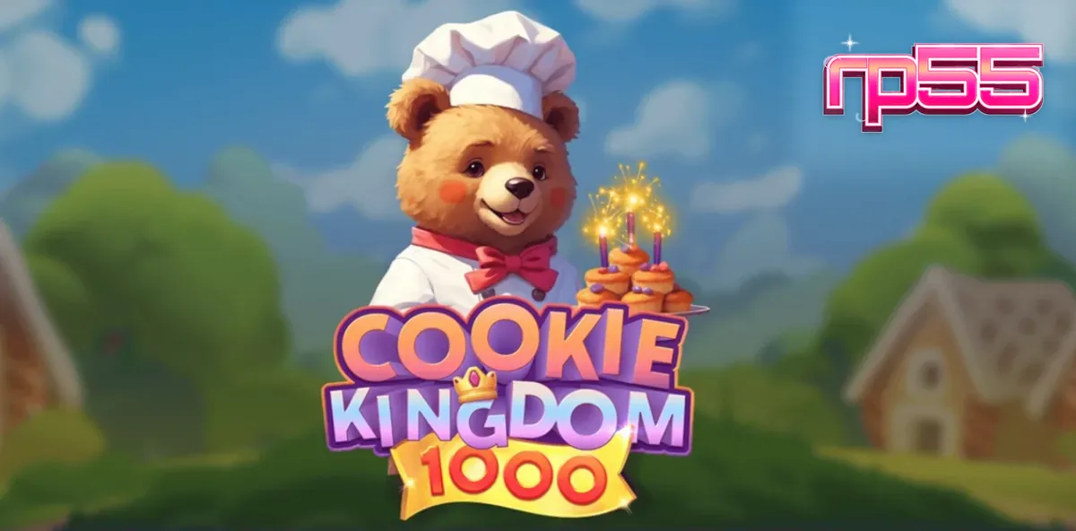 Tampilan visual ceria dari slot Cookie Kingdom 1000 dengan karakter beruang pembuat kue.